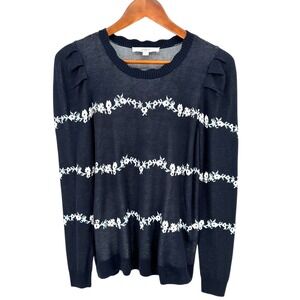 LOFT Women's XS Navy Blue Floral Knit‎ Sweater Scalloped Collar Puff Sleeves